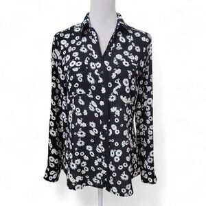 Candie's Size M Black with White Daisies Floral Button Down Blouse, Semi Sheer